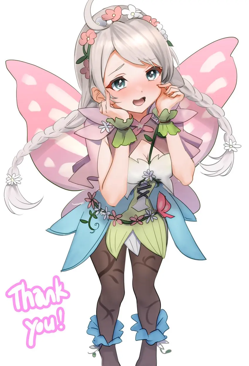 Image 1girls,breasts,female,female_only,grey_hair,highres,long_hair,open_mouth,parted_bangs,solo,absurdres,blue_eyes,cleavage,hairband,wings,medium_breasts,ahoge,nintendo,braid,twintails,capelet,official_alternate_costume,alternate_costume,flower,low_twintails,fire_emblem,fire_emblem_heroes,fire_emblem_fates,commission,twin_braids,skeb_commission,thank_you,white_flower,non-web_source,green_bracelet,fairy_wings,pink_capelet,butterfly_wings,got0_naisho,gradient_clothes,hair_vines,hands_on_own_face,insect_wings,leaf_bracelet,low_twin_braids,nina_(fire_emblem),pink_flower,vine_belt,vine_bracelet,vine_harness,vine_print
