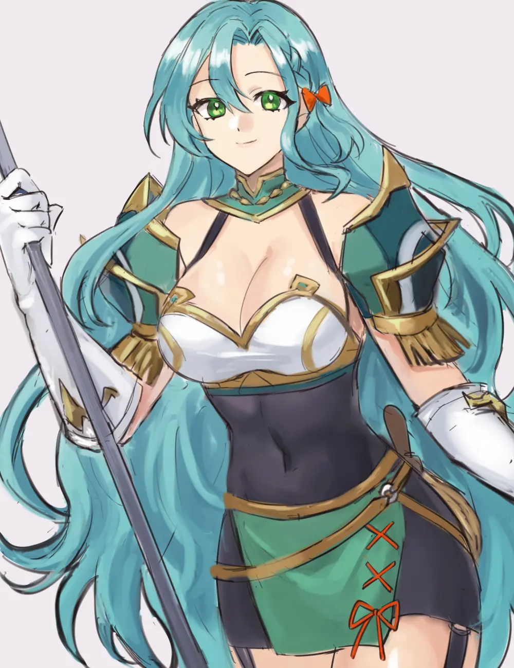 Image 1girls,bow,breasts,cowboy_shot,female,female_only,hairbow,highres,large_breasts,long_hair,looking_at_viewer,simple_background,smile,solo,standing,very_long_hair,gloves,aqua_hair,bare_shoulders,cleavage,green_eyes,dress,nintendo,miniskirt,skirt,white_gloves,black_dress,holding,covered_navel,short_dress,fire_emblem,grey_background,green_skirt,armor,fire_emblem_engage,garter_straps,orange_bow,shoulder_armor,chloe_(fire_emblem),hazuki_(nyorosuke),pencil_dress