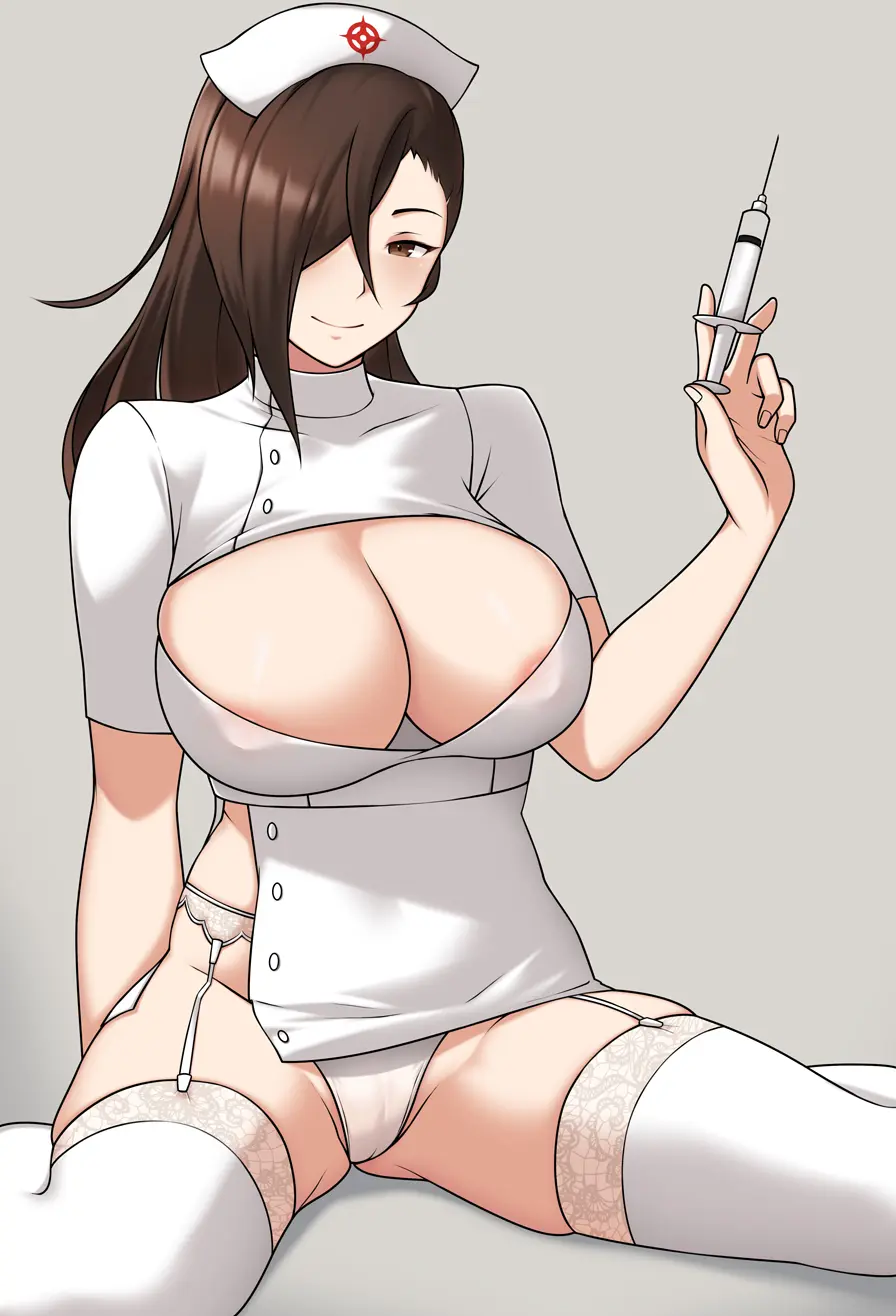 Image 1girls,blush,breasts,brown_eyes,female,female_only,highres,large_breasts,long_hair,looking_at_viewer,smile,solo,thighhighs,panties,underwear,hat,thick_thighs,thighs,hair_over_one_eye,ponytail,bare_thighs,cleavage,ass_visible_through_thighs,spread_legs,cleavage_cutout,stockings,brown_hair,nintendo,skindentation,short_sleeves,white_panties,revealing_clothes,alternate_costume,holding,fire_emblem,fire_emblem_fates,garter_belt,commission,fully_clothed,areola_slip,bbk_(13zk),garter_straps,white_thighhighs,cross,nurse_cap,red_cross,syringe,clothing_cutout,nurse,holding_syringe,kagero_(fire_emblem)