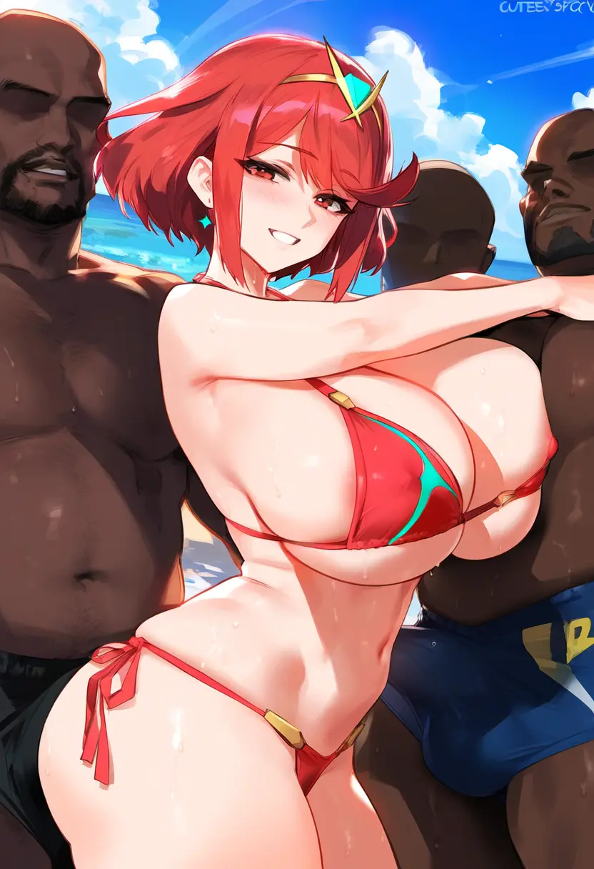 Image big_breasts,breasts,female,male,red_hair,bikini,dark-skinned_male,dark_skin,interracial,beach,ai_generated,pyra,xenoblade_(series),xenoblade_chronicles_2,group,gangbang,bubba_booty_goons