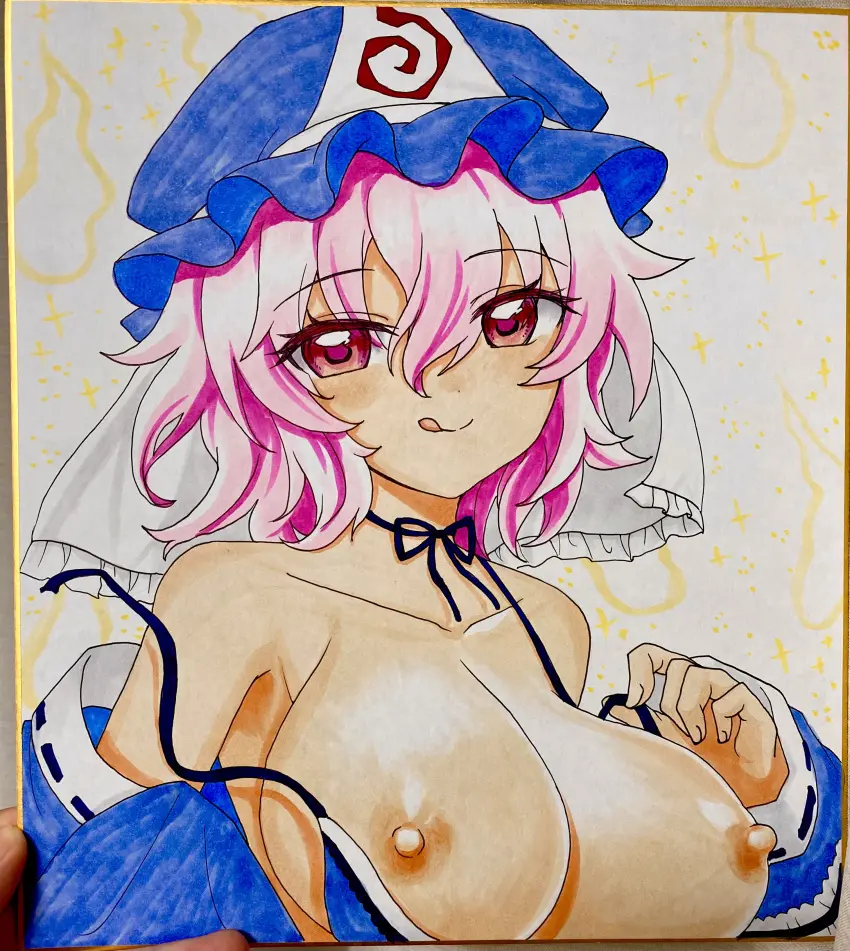 Image 1girls,breasts,female,large_breasts,looking_at_viewer,nipples,smile,solo,touhou,short_hair,tongue_out,pink_hair,pink_eyes,:q,closed_mouth,upper_body,blue_hat,mob_cap,saigyouji_yuyuko,triangular_headpiece,yuyuko_saigyouji,okuri_sovet,traditional_media