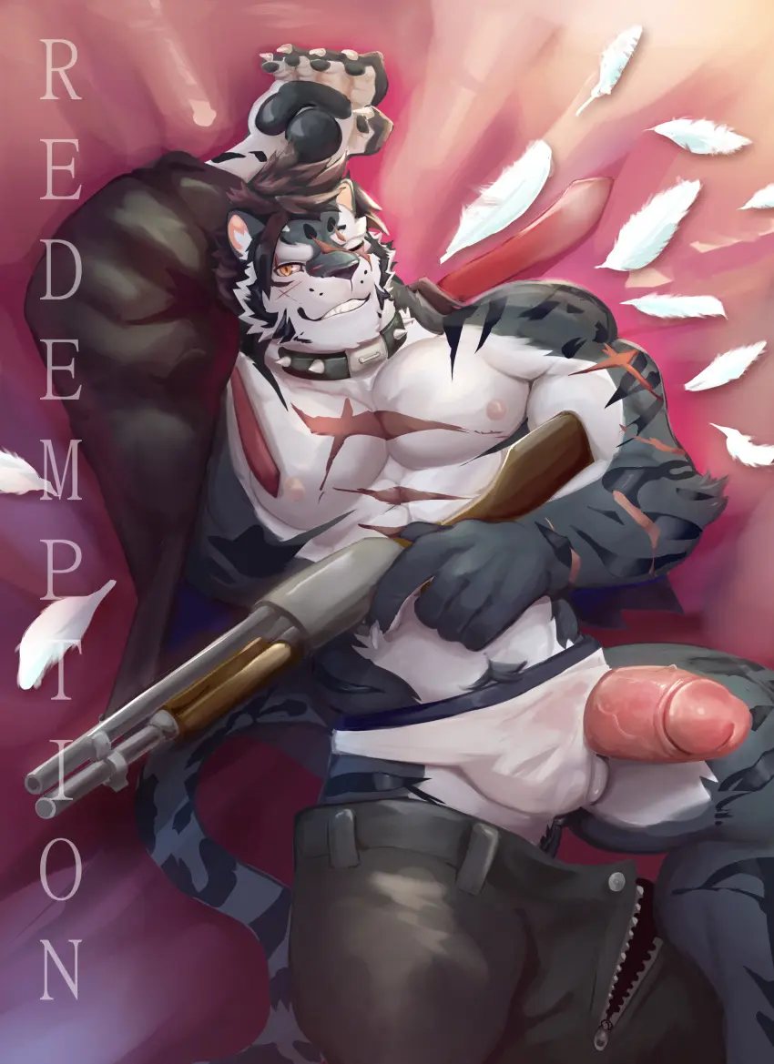 Image clothing,hi_res,nipples,solo,male,nude,penis,tail,underwear,erection,male/male,white_clothing,white_underwear,feathers,anthro,absurd_res,bed,bulge,collar,fur,genitals,mammal,pecs,black_body,scar,weapon,furniture,felid,ranged_weapon,black_fur,pantherine,stripes,tiger,black_clothing,zipper,tail_feathers,gun,unzipped,unzipped_pants,dyed_fur,poking_out,fanfiction,manothesea,untied,yao_(sdorica)