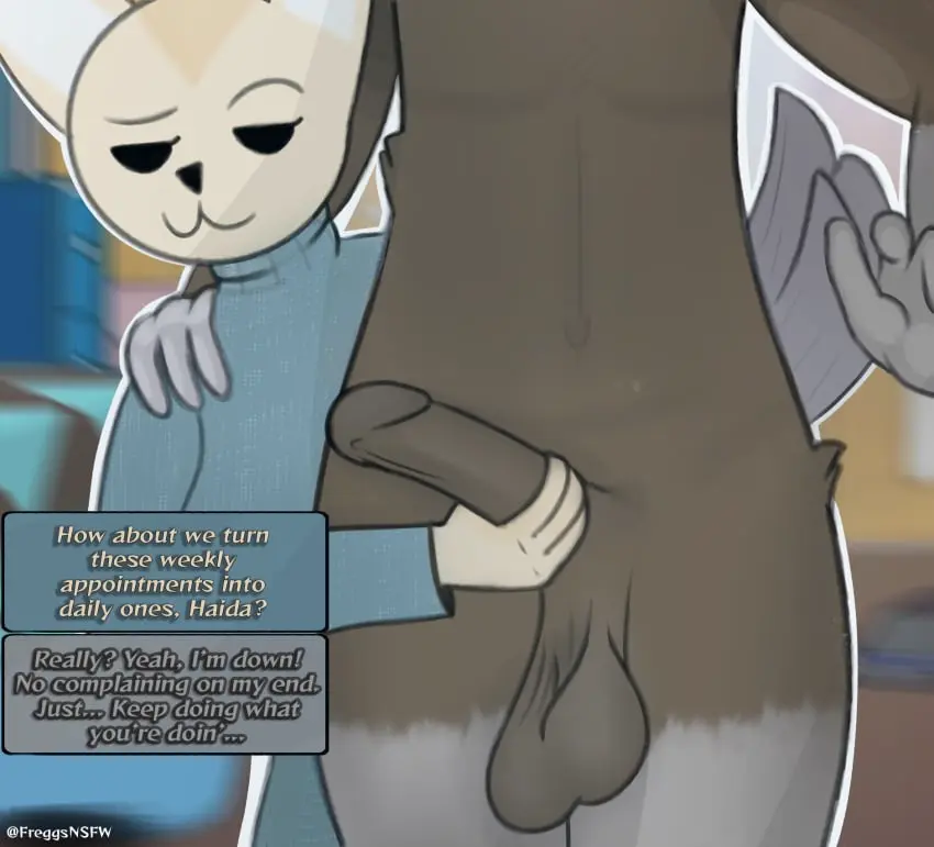 Image clothed,clothing,female,hi_res,simple_background,smile,male,penis,tail,big_penis,sex,duo,erection,humanoid_penis,wide_hips,digital_media_(artwork),balls,male/female,anthro,text,big_balls,handjob,masturbation,canid,canine,fur,genitals,mammal,dialogue,black_nose,2024,white_body,humanoid_genitalia,smirk,speech_bubble,sweater,turtleneck,brown_fur,penile,fox,topwear,brown_body,white_fur,anthro_on_anthro,sanrio,fennec_fox,true_fox,holding_penis,hyena,reach_around,spotted_hyena,aggressive_retsuko,aggretsuko,fenneko,haida,haida_(aggretsuko),freggsnsfw,handjob_from_behind