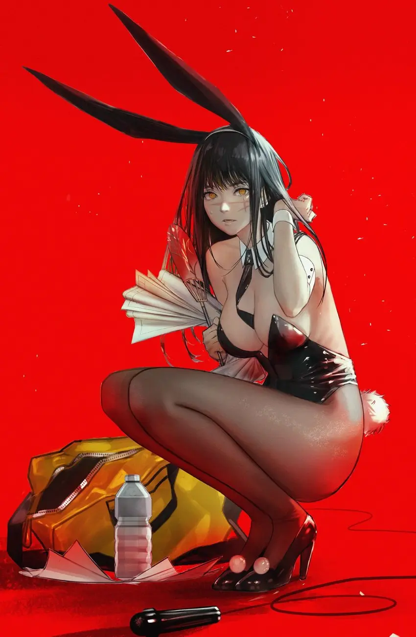 Image 1girls,big_breasts,breasts,female,female_only,light-skinned_female,light_skin,looking_at_viewer,open_mouth,black_hair,yellow_eyes,female_focus,bunny_ears,bunny_girl,bunny_tail,bunnysuit,playboy_bunny,scar,chainsaw_man,red_background,scar_on_face,bag,water_bottle,uchiwa,ganet_p,hand_fan,mitaka_asa,yoru_(chainsaw_man)