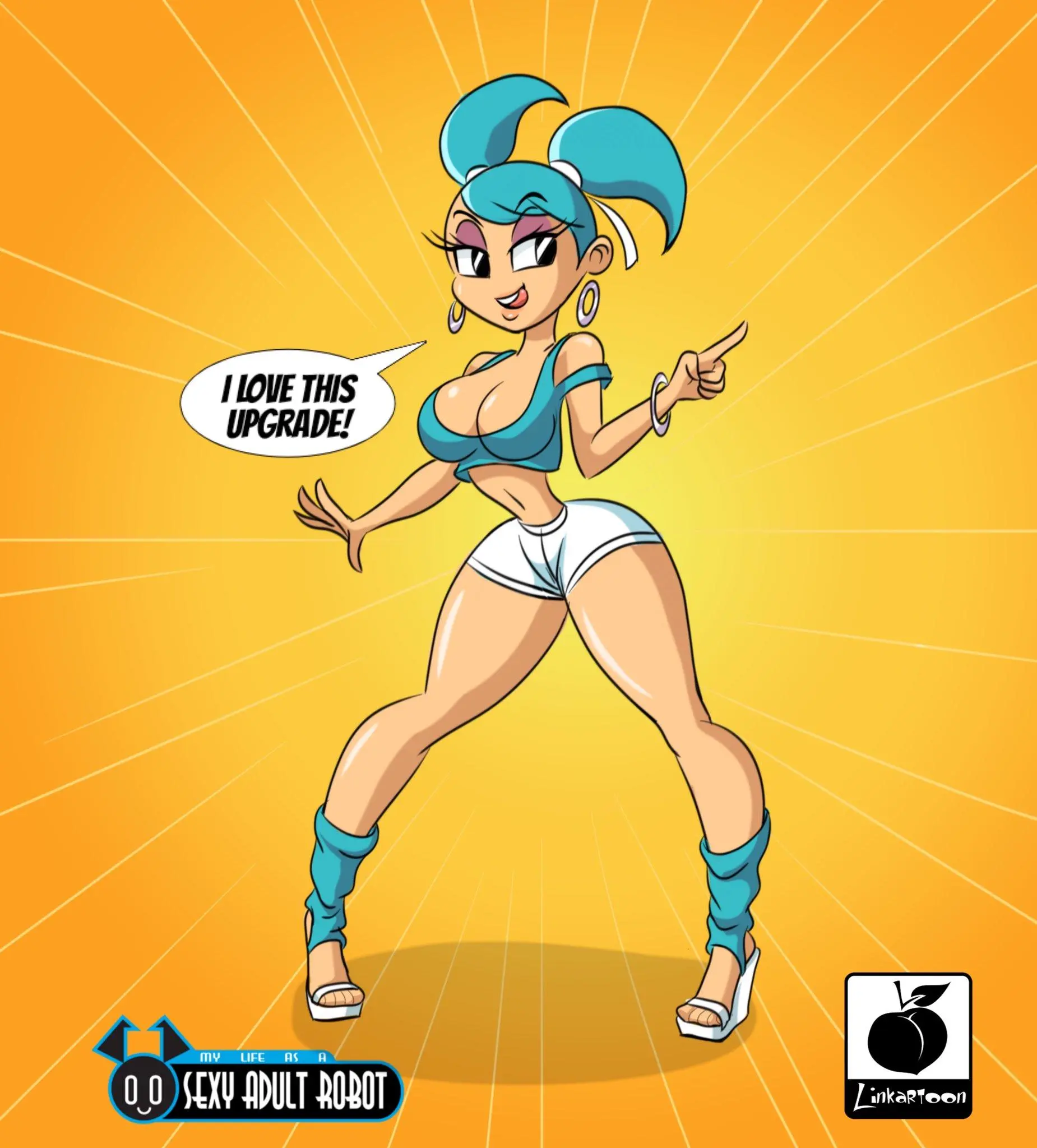 Image 1girls,female,solo,alternate_color,blue_hair,humanized,earrings,thick_thighs,humanoid,high_heels,eyeshadow,robot,short_shorts,nickelodeon,cyan_hair,jenny_wakeman,my_life_as_a_teenage_robot,loose_clothes,lip_gloss,humanization,jenny_wakeman_(exo-skin),leg_warmers,linkartoon