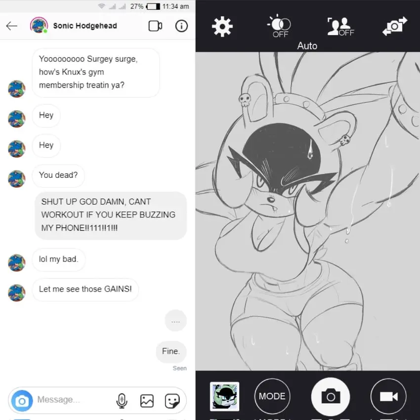 Image 1girls,female,looking_at_viewer,solo,sweat,armpits,sportswear,cleavage,solo_focus,tagme,selfie,shorts,sweaty_body,sonic_(series),sonic_the_hedgehog,sonic_the_hedgehog_(series),annoyed,phone,sonic_the_hedgehog_(idw),surge_the_tenrec,hand_behind_head,camera,sonic_the_hedgehog_(comics),champchidi,chat,message