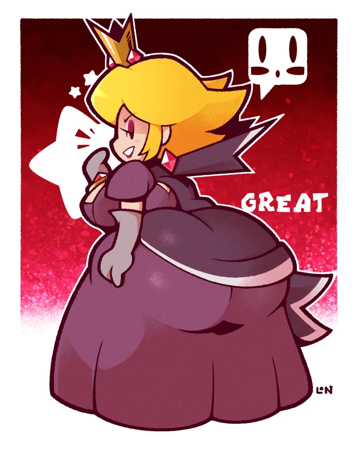 Image 1girls,breasts,clothed,female,smile,solo,ass,big_ass,bottom_heavy,earrings,huge_ass,looking_back,smiling,jewelry,sideboob,solo_female,2d,text,blonde_hair,thick_ass,dress,mario_(series),nintendo,smug,artist_signature,:o,eyeshadow,ass_focus,back_view,princess_peach,star,full_body,crown,legendofnerd,paper_mario,paper_mario:_the_thousand-year_door,shadow_peach,shadow_queen