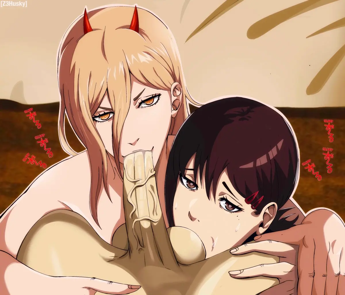 Image brown_eyes,female,looking_at_viewer,2girls,penis,short_hair,threesome,yellow_eyes,bedroom_eyes,fellatio,horns,balls,veiny_penis,blonde_hair,hairclip,dark_hair,blowjob,demon_girl,demon_horns,erect_penis,chainsaw_man,higashiyama_kobeni,power_(chainsaw_man),faceless_character,ball_sucking,z3husky