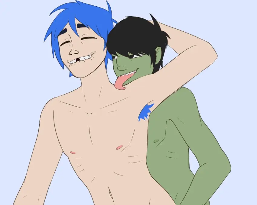 Image nipples,black_hair,blue_hair,male,duo,biting_lip,biting_own_lip,pink_nipples,armpits,2boys,male_only,collarbone,2d,green_skin,sharp_teeth,dominant_male,chest,skinny,submissive_male,long_tongue,twink,armpit_hair,skinny_male,armpit,flat_colors,spiky_hair,tooth_gap,2d_(gorillaz),blue_armpit_hair,gorillaz,green_male,lewdiatime,murdoc_niccals,not_shaded,not_signed,stuart_pot,unshaded