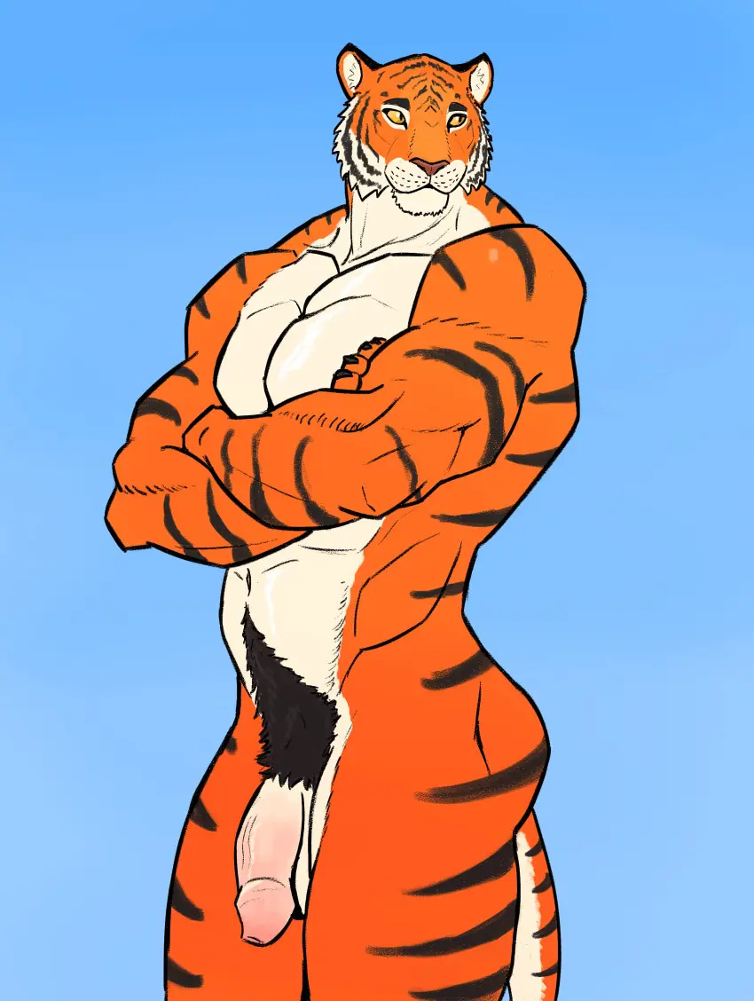 Image hi_res,simple_background,solo,male,nude,penis,humanoid_penis,muscular,muscular_male,balls,anthro,absurd_res,pubic_hair,male_pubic_hair,flaccid,fur,genitals,mammal,biceps,muscular_anthro,pecs,foreskin,uncircumcised,outside,humanoid_genitalia,felid,pubes,pantherine,stripes,tiger,casual_nudity,masculine_male,outdoor_nudity,leo_sus_art,male_pubes