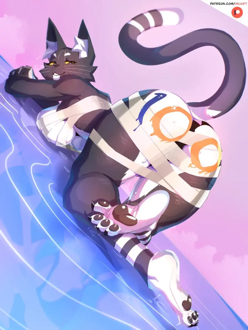 Image 1girls,female,solo,anthro,tagme,cat_tail,squeezing_breast,feline,bandages,bacardi_(muart242),writing_on_ass,muart242,writing_on_body