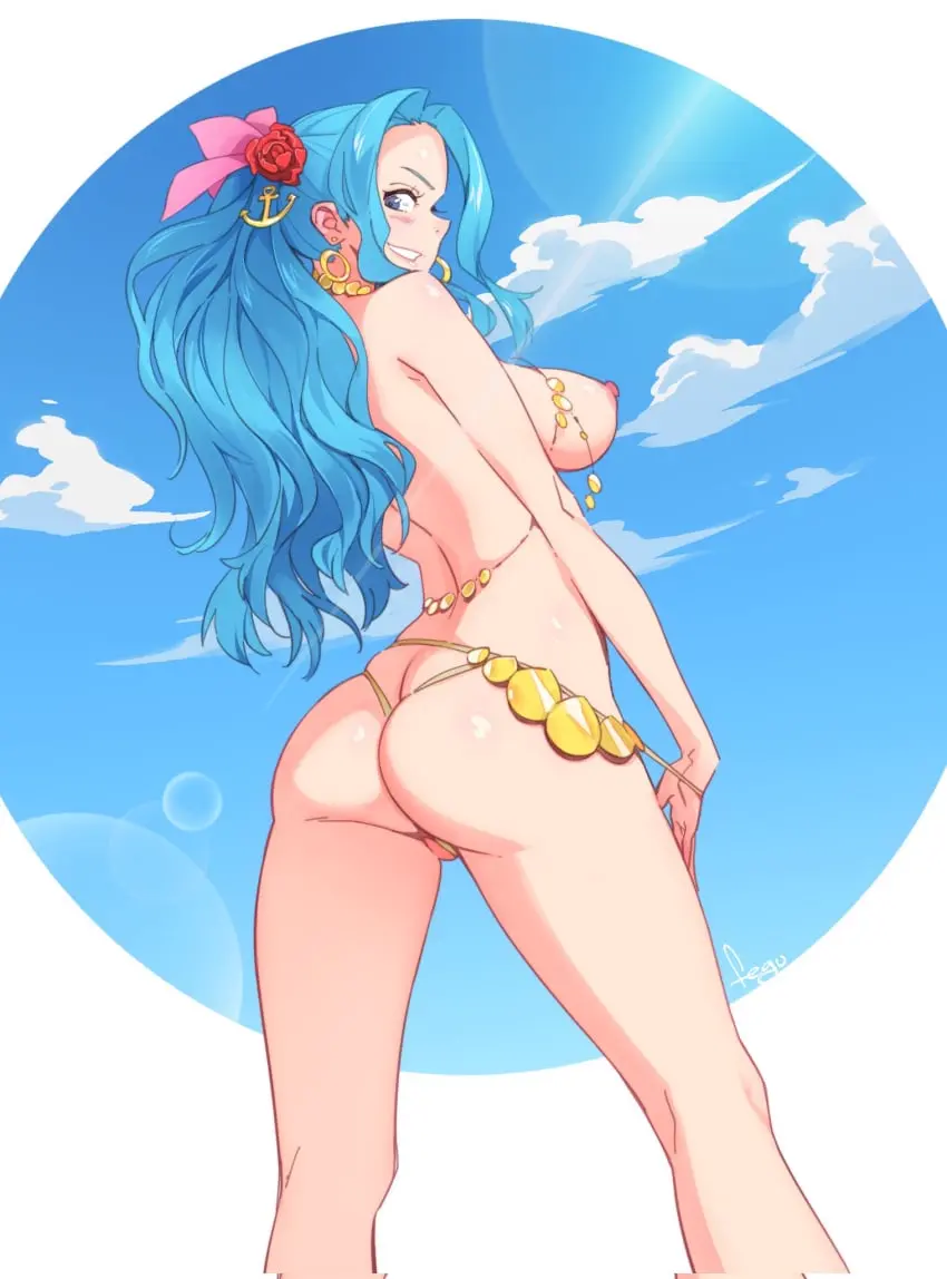 Image 1girls,female,female_only,solo,blue_hair,nude,looking_back,one_piece,flower_in_hair,nude_female,tagme,topless,string_bikini,nefertari_vivi,blue_hair_female,feguimel