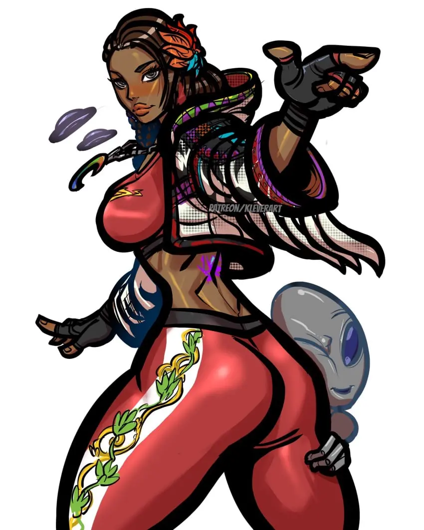 Image blush,breasts,female,looking_at_viewer,big_ass,huge_ass,thick_thighs,dark_skin,wide_hips,medium_breasts,curvy,curvy_female,necklace,brown_hair,dark-skinned_female,medium_hair,grey_eyes,jacket,video_games,large_ass,fingerless_gloves,latina,tomboy,bandai_namco,alien,yoga_pants,video_game_character,azucena_milagros_ortiz_castillo,namco,peruvian_female,tekken,tekken_8,feathers_in_hair,hugging_ass,ufo