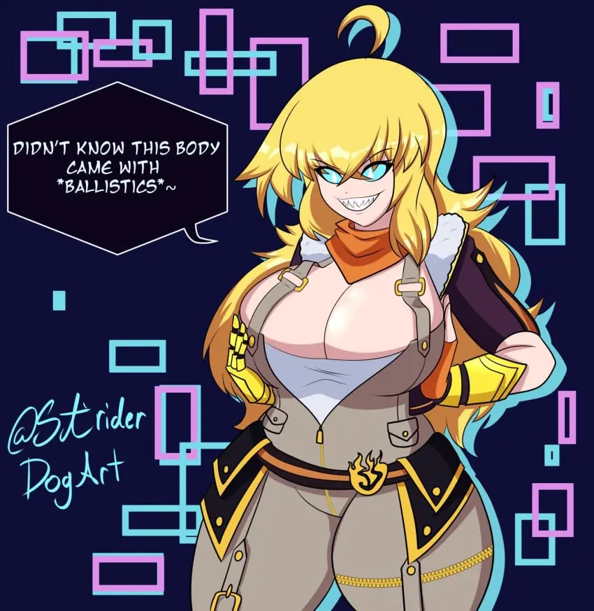 Image breasts,female,smile,male,cleavage,text,blonde_hair,ahoge,breast_grab,english_text,breast_squeeze,dubious_consent,possession,grabbing_own_breast,rwby,yang_xiao_long,mind_control,cat,possessed,curious_cat_(rwby),male_in_female_body,striderdogart