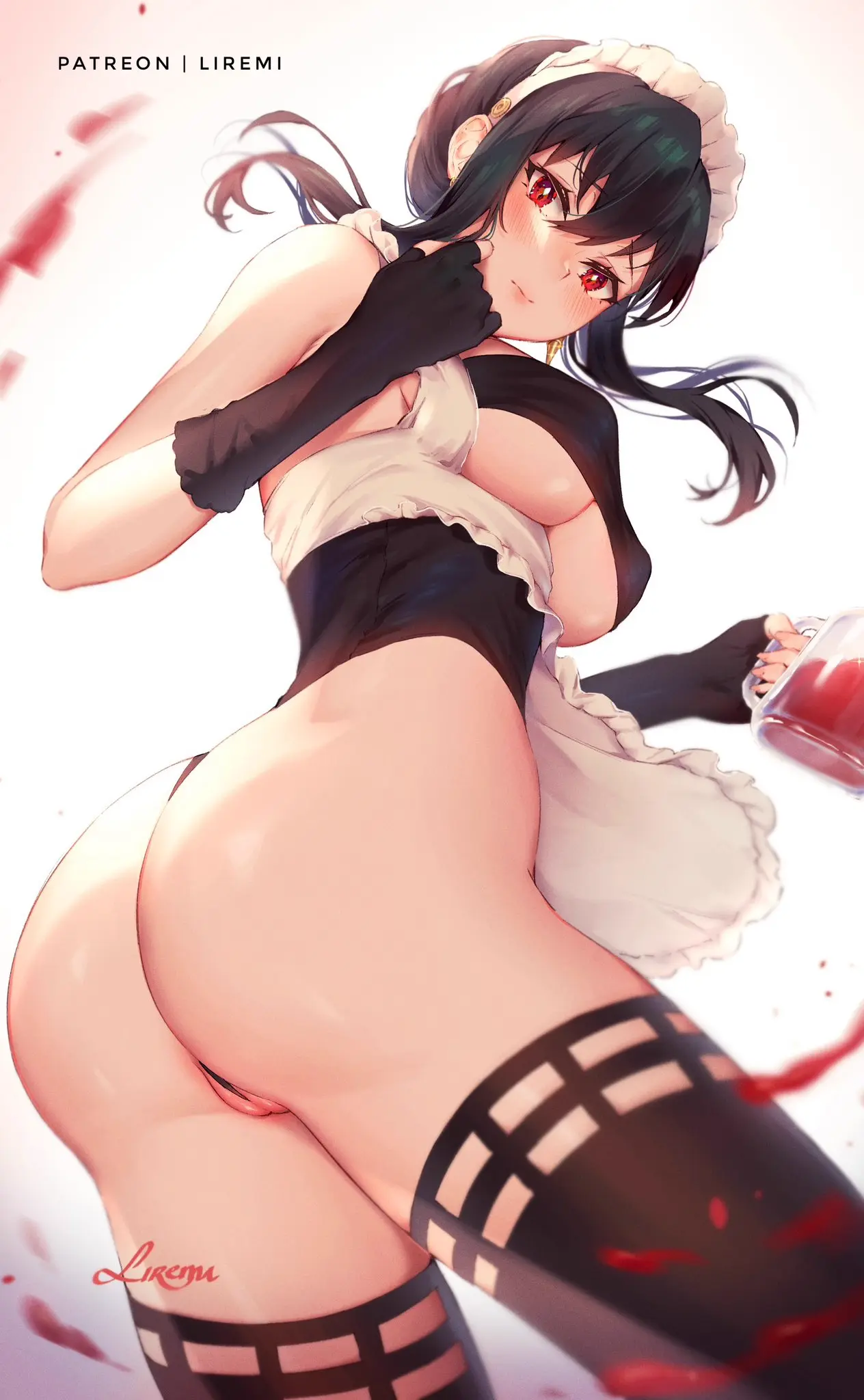 Image 1girls,big_breasts,breasts,female,female_only,highres,light-skinned_female,long_hair,looking_at_viewer,red_eyes,solo,black_gloves,black_hair,gloves,thighhighs,ass,looking_back,thighs,patreon_username,embarrassed,artist_name,bare_shoulders,covered_nipples,underboob,from_behind,medium_breasts,stockings,looking_down,maid,slim_waist,revealing_clothes,alternate_costume,holding,maid_headdress,fingerless_gloves,leotard,cropped,highleg,highleg_leotard,blurry,wedgie,commentary,spy_x_family,yor_briar,yor_forger,black_thighhighs,foreshortening,cup,english_commentary,enmaided,underboob_cutout,black_leotard,clothing_cutout,floating_hair,partially_visible_vulva,liremi,twisted_torso