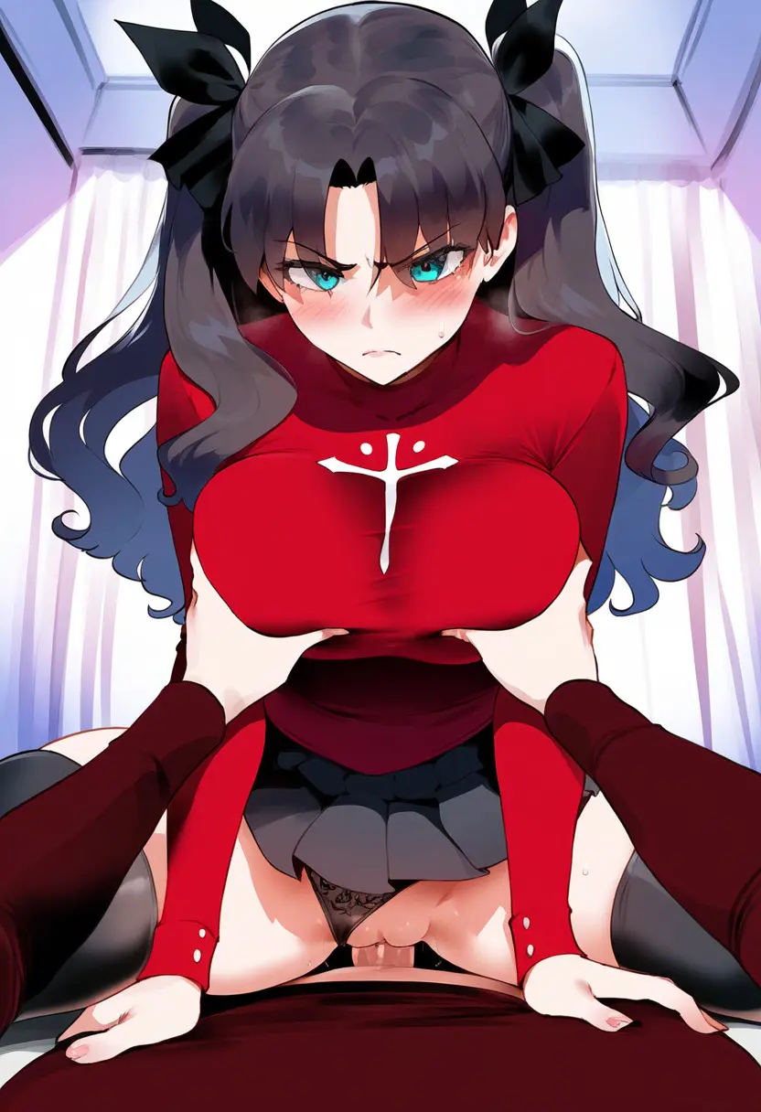Image 1girls,blush,breasts,female,1boy,male,penis,pussy,panties,sex,uncensored,panties_aside,ai_generated,cowgirl_position,vaginal_penetration,pov,skirt,breast_grab,sweater,annoyed,fate_(series),upskirt,tohsaka_rin,thiccwithaq_(ai_style),tittyg-ai