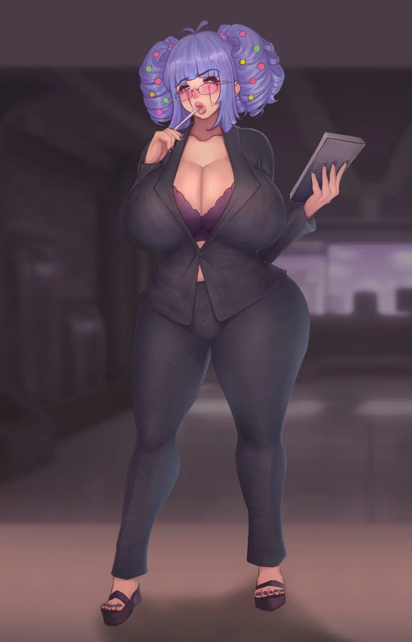 Image 1girls,big_breasts,blush,breasts,clothed,clothing,female,hair_ornament,large_breasts,looking_at_viewer,solo,bangs,blue_hair,yellow_eyes,big_ass,thick_thighs,thighs,voluptuous,cleavage,clothed_female,hair,tagme,thick_ass,nail_polish,pale_skin,makeup,lipstick,thick_lips,pink_lips,clown_girl,clown_makeup,beauty_mark,suit,big_lips,amber_eyes,light_skinned_female,secretary,carisa_(aizurin),dplorzg,pen_in_mouth