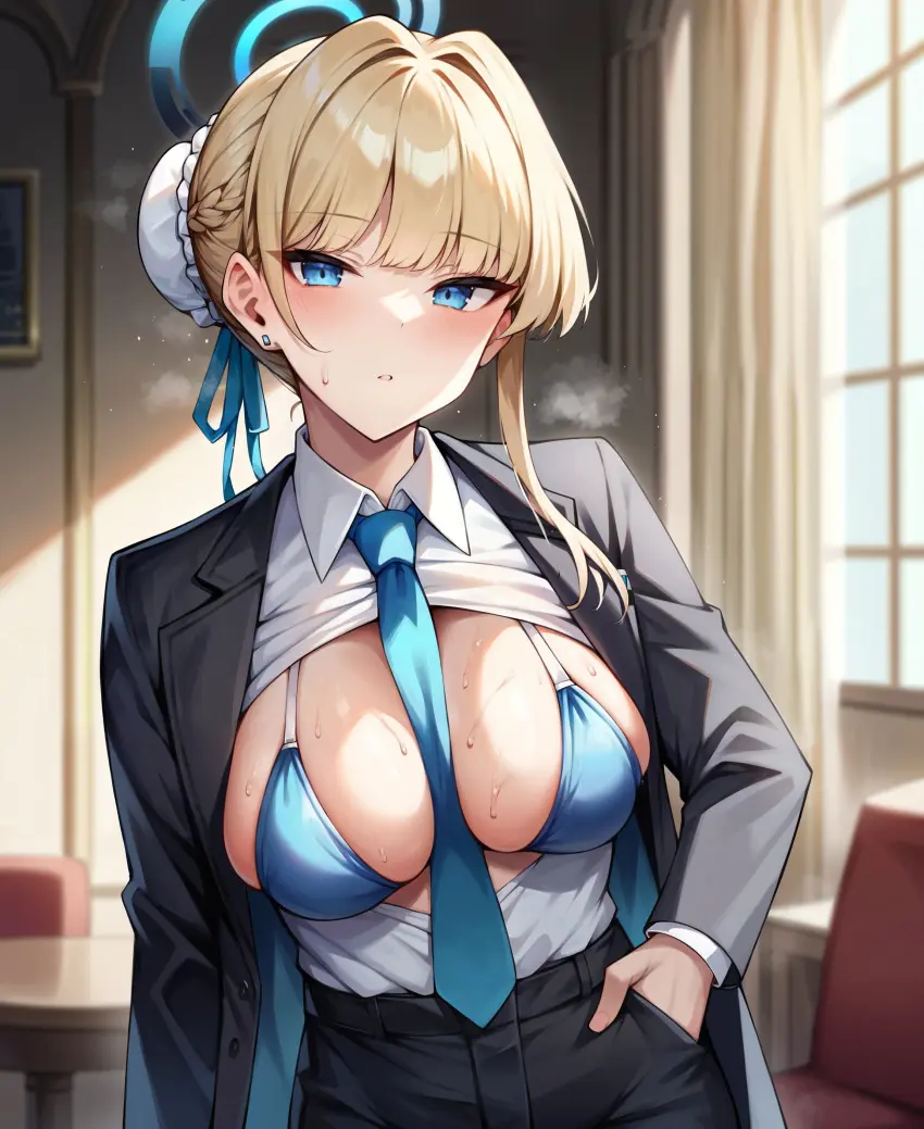 Image 1girls,blush,breasts,breasts_out,collared_shirt,female,looking_at_viewer,partially_unbuttoned,solo,blue_eyes,short_hair,sweat,blue_archive,earrings,ai_generated,blonde_hair,medium_breasts,parted_lips,halo,sweatdrop,indoors,expressionless,upper_body,steaming_body,alternate_costume,blue_bikini,necktie,bun_cover,toki_(blue_archive),black_pants,black_jacket,suit,blue_necktie,necktie_between_breasts,french_braid,aimoonshine,bikini_under_clothes,butler,hand_in_pocket,mansion
