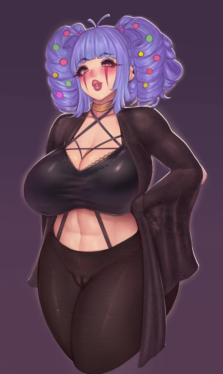 Image big_breasts,blush,breasts,female,blue_hair,pussy,yellow_eyes,choker,big_ass,thick_thighs,lingerie,tagme,thick_ass,pale_skin,looking_down,red_lipstick,see-through,thick_lips,muscles,black_clothing,piercings,looking_down_at_viewer,red_lips,black_bra,clown_girl,clown_makeup,big_lips,lace,amber_eyes,carisa_(aizurin),dplorzg