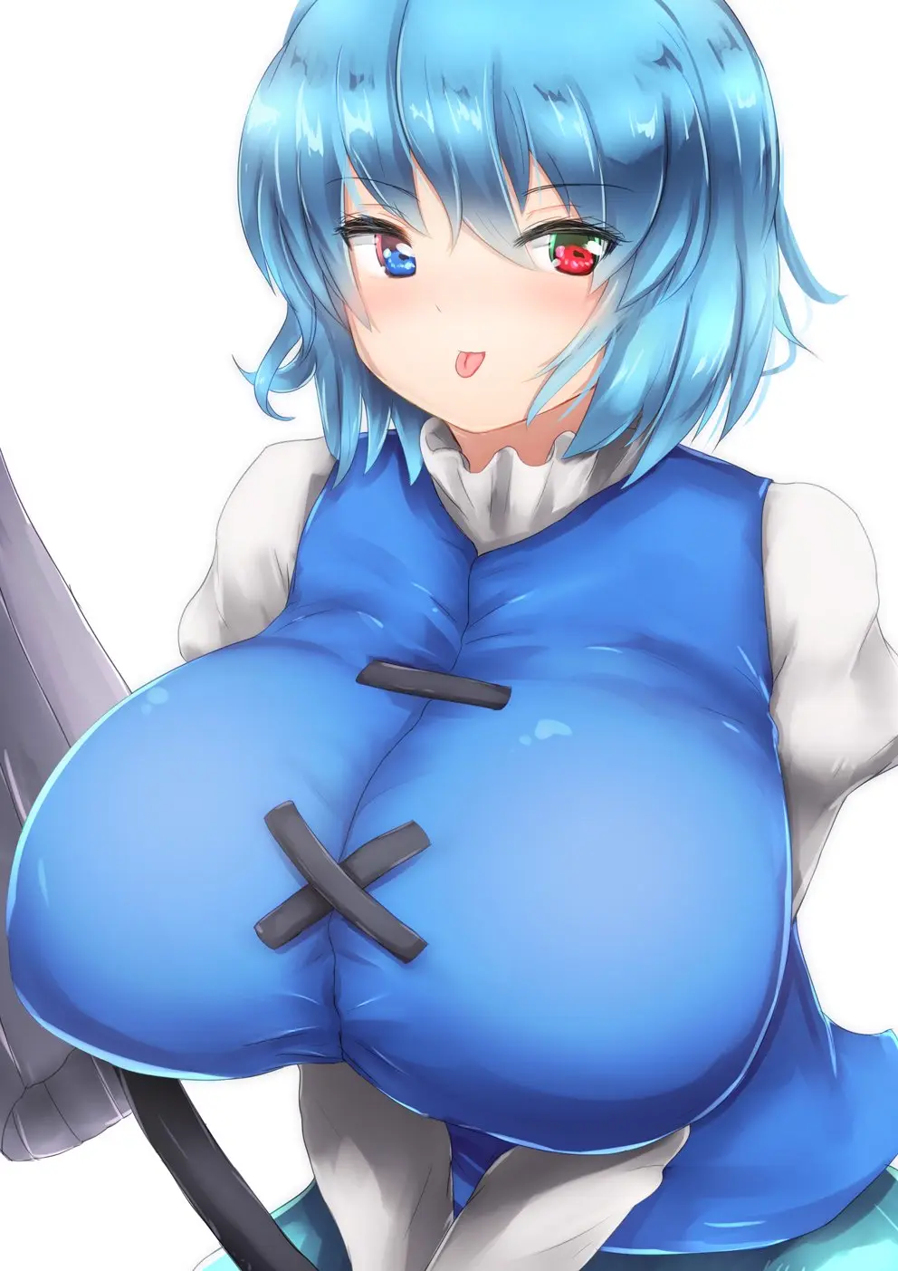 Image 1girls,blush,breasts,female,looking_at_viewer,red_eyes,solo,touhou,blue_eyes,blue_hair,short_hair,tongue_out,huge_breasts,closed_mouth,upper_body,heterochromia,fa_kurin,kogasa_tatara,tatara_kogasa,blue_vest,cross-laced_clothes