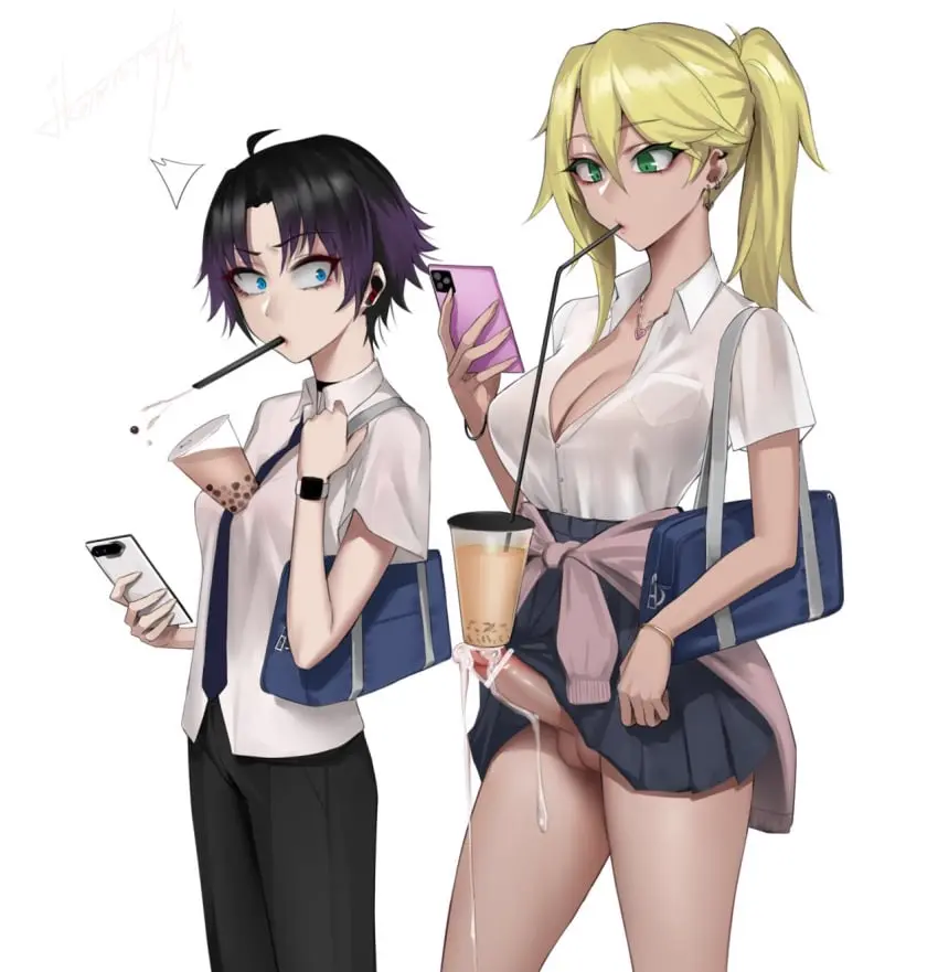 Image big_breasts,breasts,clothed,clothing,long_hair,mostly_clothed,black_hair,blue_eyes,cum,penis,short_hair,earrings,small_breasts,duo,futanari,intersex,ponytail,balls,blonde_hair,green_eyes,censored,purple_hair,skirt,ear_piercing,censor_bar,hands-free,fully_clothed,phone,2futas,penis_awe,bag,bubble_tea_challenge,boba_tea,fullta_futanari,hands-free_bubble_tea,ikemeru19,mano_ikarashi,spilled_drink