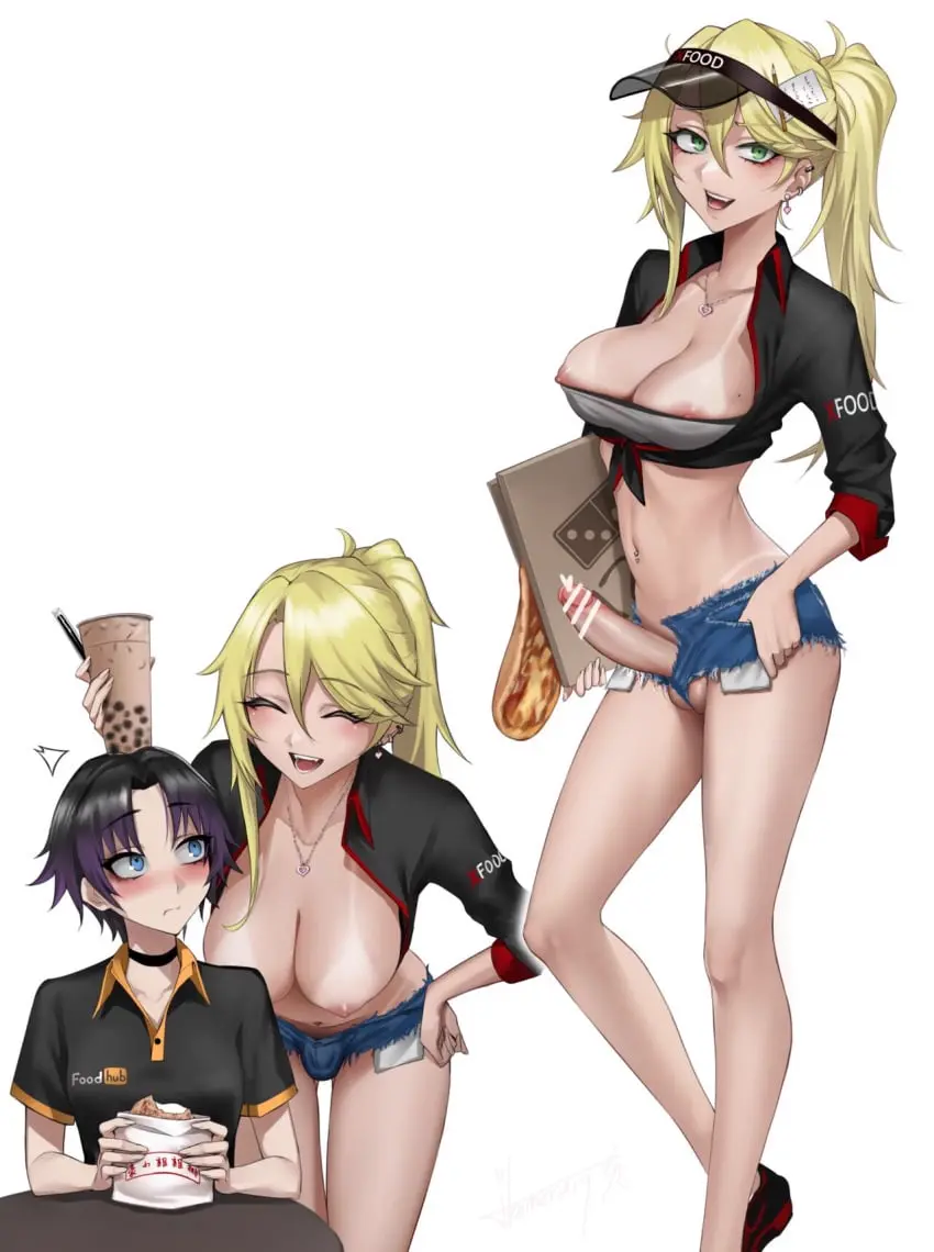 Image breasts,nipples,black_hair,blue_eyes,penis,short_hair,choker,earrings,erection,futanari,intersex,ponytail,balls,blonde_hair,green_eyes,censored,closed_eyes,tanline,purple_hair,bulge,ear_piercing,censor_bar,2futas,pizza,fullta_futanari,ikemeru19,mano_ikarashi