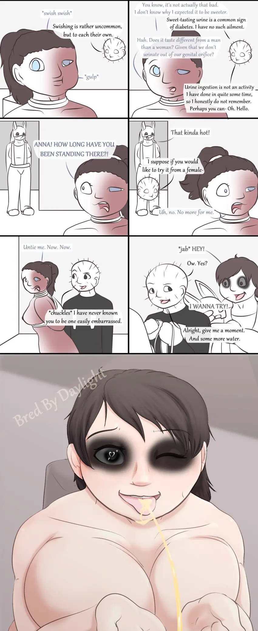 Image breasts,breasts_out,female,looking_at_viewer,heart-shaped_pupils,female_focus,text,pov,pov_eye_contact,comic,humiliation,dialogue,black_eyes,peeing,drinking,heart_eyes,drinking_urine,dead_by_daylight,peeing_on_another,urine,urine_stream,watching,urination,urinating,peeing_in_mouth,anna_(dead_by_daylight),bred_by_daylight,demonettem,golden_shower,huntress_(dead_by_daylight),the_huntress_(dead_by_daylight),urine_on_breasts