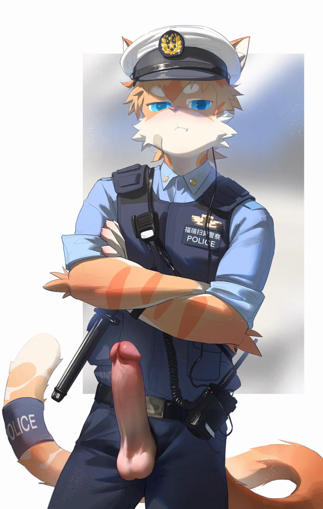 Image clothing,hi_res,looking_at_viewer,pants,shirt,solo,blue_eyes,male,penis,tail,hat,erection,humanoid_penis,headwear,headgear,balls,hair,anthro,fur,genitals,mammal,feline,humanoid_genitalia,topwear,uniform,felid,domestic_cat,felis,police,stripes,bottomwear,striped_body,striped_fur,police_uniform,police_officer,guaishoudm1,unprofessional_behavior