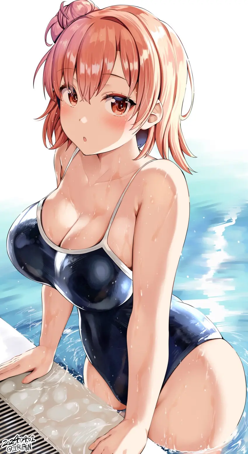 Image blush,breasts,female,highres,large_breasts,short_hair,ass,thick_thighs,thighs,wide_hips,water,artist_name,cleavage,collarbone,one-piece_swimsuit,parted_lips,swimsuit,wet,brown_hair,pool,hair_bun,my_teen_romantic_comedy_snafu,blue_one-piece_swimsuit,belko,yuigahama_yui