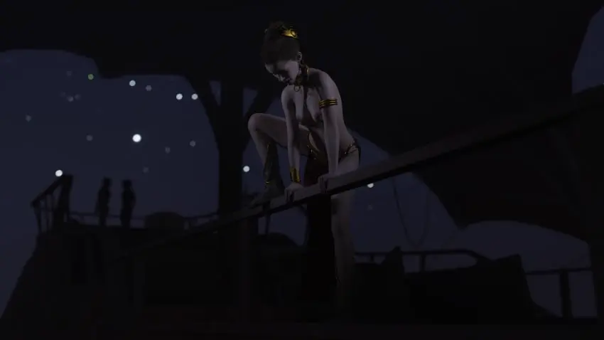 Image breasts,female,long_hair,medium_breasts,brown_hair,3d,topless,boots,belly_dancer,slave_collar,slave_outfit,star_wars,braided_hair,slave,slavegirl,loincloth,harem_girl,harem_outfit,princess_leia_organa,alexbridger,enslaved_royal,slave_leia,escape,sail_barge