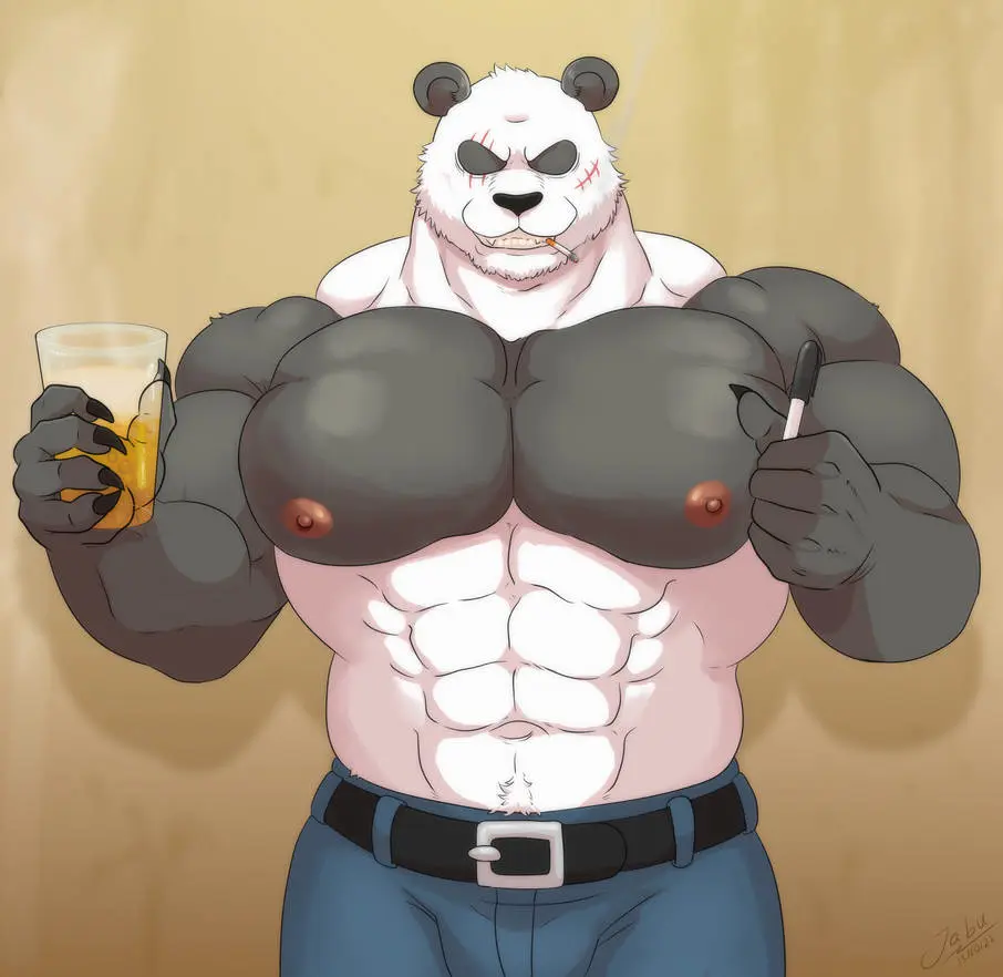 Image solo,1boy,male,muscular,male_only,gay,beastars,belt,solo_male,abs,blue_jeans,panda,thick_body,huge_pecs,holding_cup,smoking_cigarette,gouhin,jabuhusky,miguel_okami,scars_on_face