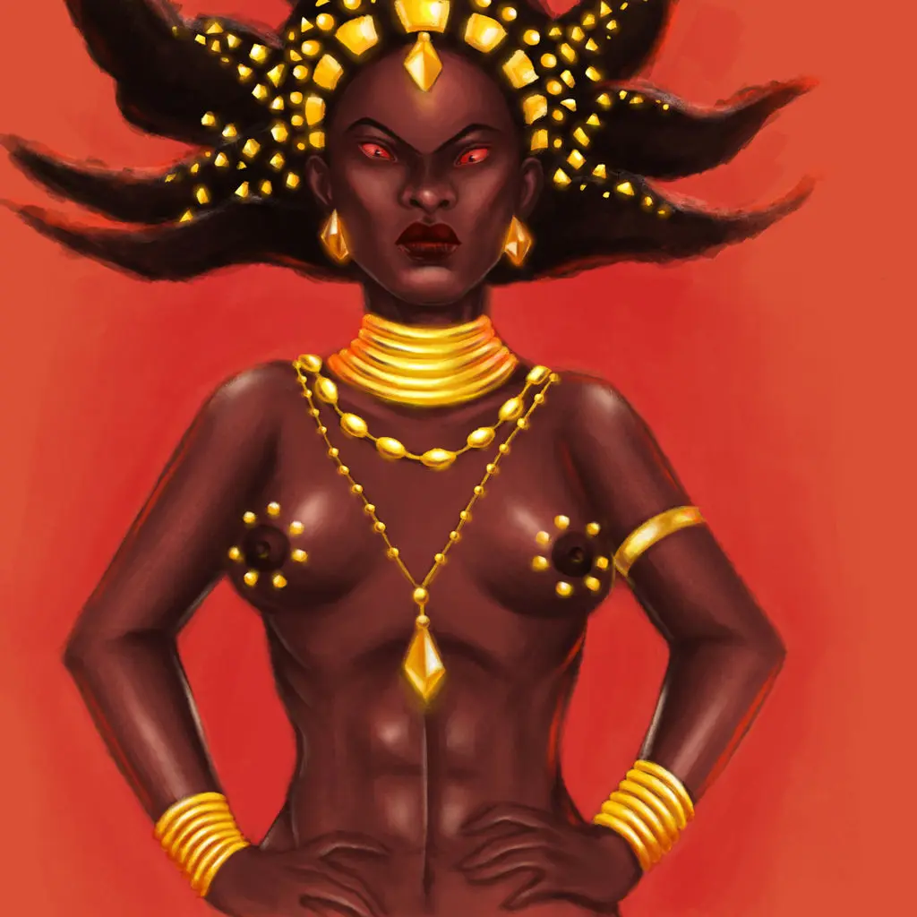 Image 1girls,breasts,female,female_only,long_hair,nipples,red_eyes,female_focus,athletic,dark_skin,milf,gold_(metal),mature_female,dark-skinned_female,topless,dark_nipples,topless_female,abs,athletic_female,gold_jewelry,spiky_hair,african_female,african,kirikou_and_the_sorceress,karaba,greenoga