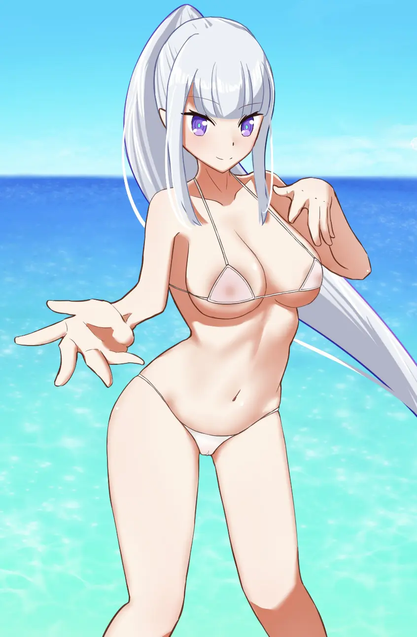 Image 1girls,breasts,female,female_only,nipples,solo,standing,bikini,thighs,beach,belly,solo_focus,swimsuit,elf,purple_eyes,re:zero_kara_hajimeru_isekai_seikatsu,revealing_clothes,see-through,elf_ears,elf_female,elf_girl,partially_clothed,skimpy_clothes,see-through_clothing,swimwear,areola_slip,silver_hair,half-dressed,half_naked,emilia_(re:zero)