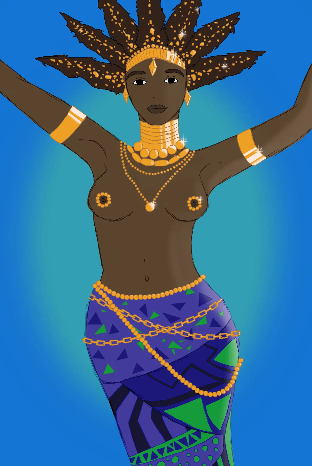 Image 1girls,breasts,female,female_only,long_hair,nipples,female_focus,dark_skin,milf,gold_(metal),mature_female,dark-skinned_female,topless,dark_nipples,topless_female,abs,gold_jewelry,spiky_hair,african_female,african,jug,kirikou_and_the_sorceress,karaba,sahimas