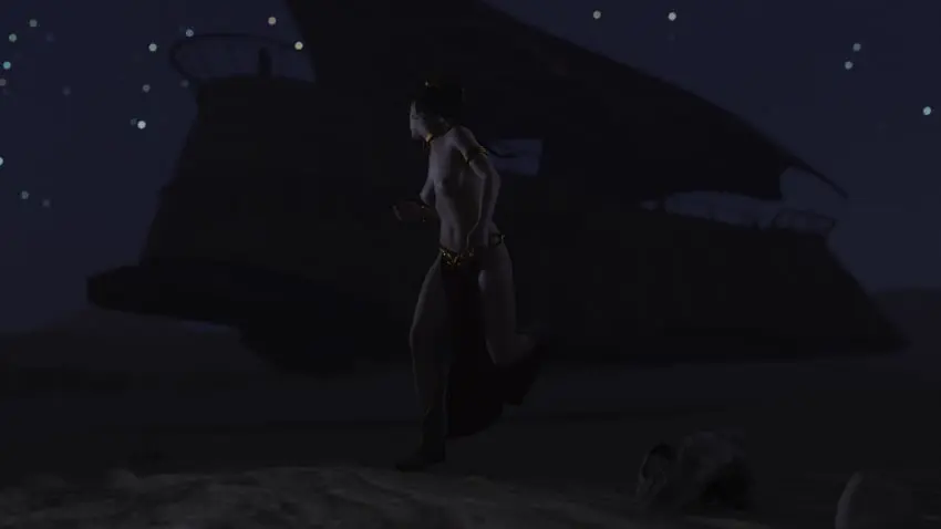 Image 1girls,breasts,female,long_hair,medium_breasts,brown_hair,3d,topless,bracelet,boots,belly_dancer,belly_dancer_outfit,slave_collar,slave_leia_(cosplay),slave_outfit,star_wars,braided_hair,slave,desert,slavegirl,loincloth,harem_girl,harem_outfit,princess_leia_organa,alexbridger,escape,sail_barge,running_away,tatooine