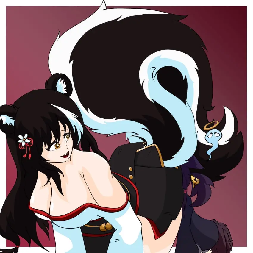 Image 1girls,breasts,female,large_breasts,long_hair,black_hair,yellow_eyes,colored,flower_in_hair,cleavage,color,looking_pleasured,1other,looking_at_another,kimono,face_in_ass,azur_lane,red_background,japanese_clothes,fart,skunk_girl,skunk_tail,red,huge_tail,ass_in_face,naganami_(azur_lane),skunk_ears,imminent_fart,kita-kita-kitsune
