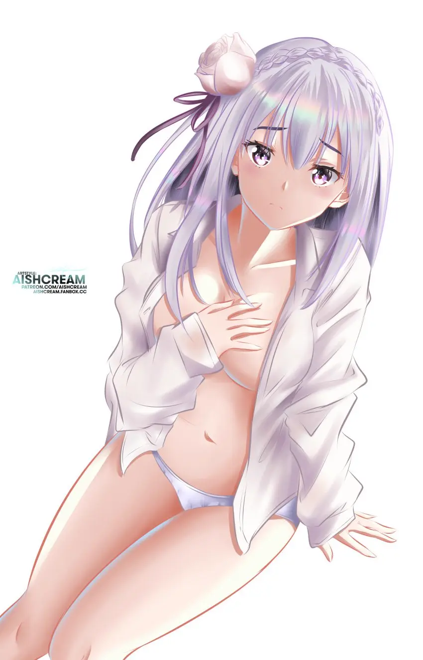 Image 1girls,breasts,female,no_bra,open_shirt,white_background,panties,underwear,thighs,belly,cleavage,solo_focus,sitting,elf,purple_eyes,re:zero_kara_hajimeru_isekai_seikatsu,white_panties,elf_ears,elf_female,elf_girl,partially_clothed,silver_hair,half-dressed,unbuttoned,unbuttoned_shirt,half_naked,emilia_(re:zero)