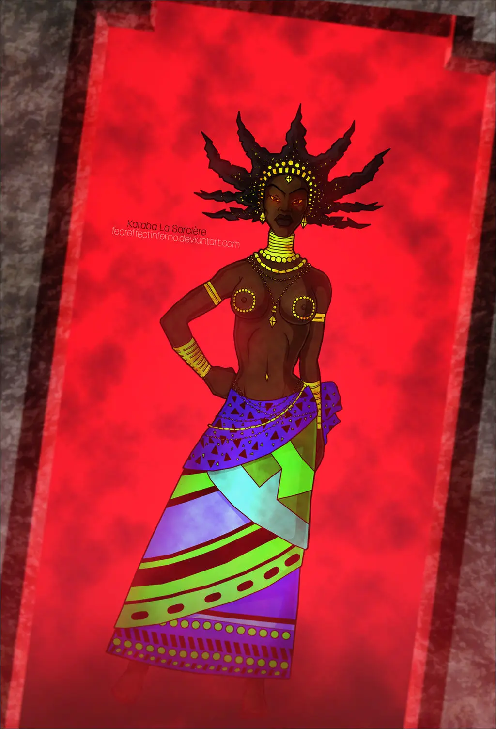 Image 1girls,breasts,female,female_only,long_hair,nipples,female_focus,dark_skin,milf,gold_(metal),mature_female,dark-skinned_female,topless,dark_nipples,topless_female,gold_jewelry,spiky_hair,african_female,african,kirikou_and_the_sorceress,karaba,daemoncollection