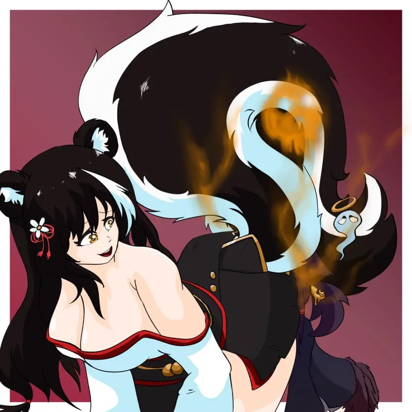 Image 1girls,breasts,female,large_breasts,long_hair,black_hair,yellow_eyes,colored,flower_in_hair,cleavage,color,looking_pleasured,1other,looking_at_another,kimono,face_in_ass,azur_lane,skull,red_background,japanese_clothes,fart,fart_fetish,skunk_girl,skunk_tail,farting,farting_on_face,red,huge_tail,ass_in_face,naganami_(azur_lane),skunk_ears,eproctophillia,imminent_fart,kita-kita-kitsune