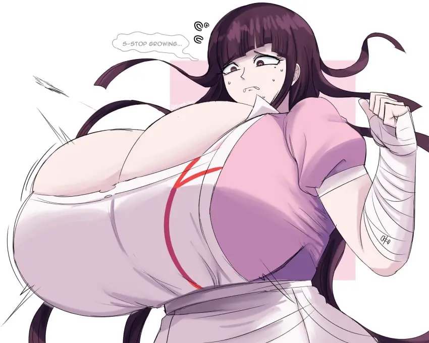 Image 1girls,big_breasts,breasts,clothed,female,long_hair,solo,bangs,sweat,artist_name,cleavage,solo_female,huge_breasts,2d,text,breasts_bigger_than_head,massive_breasts,mole,purple_eyes,busty,purple_hair,sweatdrop,dialogue,tight_clothing,tearing_up,alternate_breast_size,frown,tears,speech_bubble,nervous,danganronpa,breast_expansion,worried,venus_body,beauty_mark,bursting_breasts,nurse,danganronpa_2:_goodbye_despair,nurse_uniform,wraps,arm_wraps,emmarrgus,tsumiki_mikan