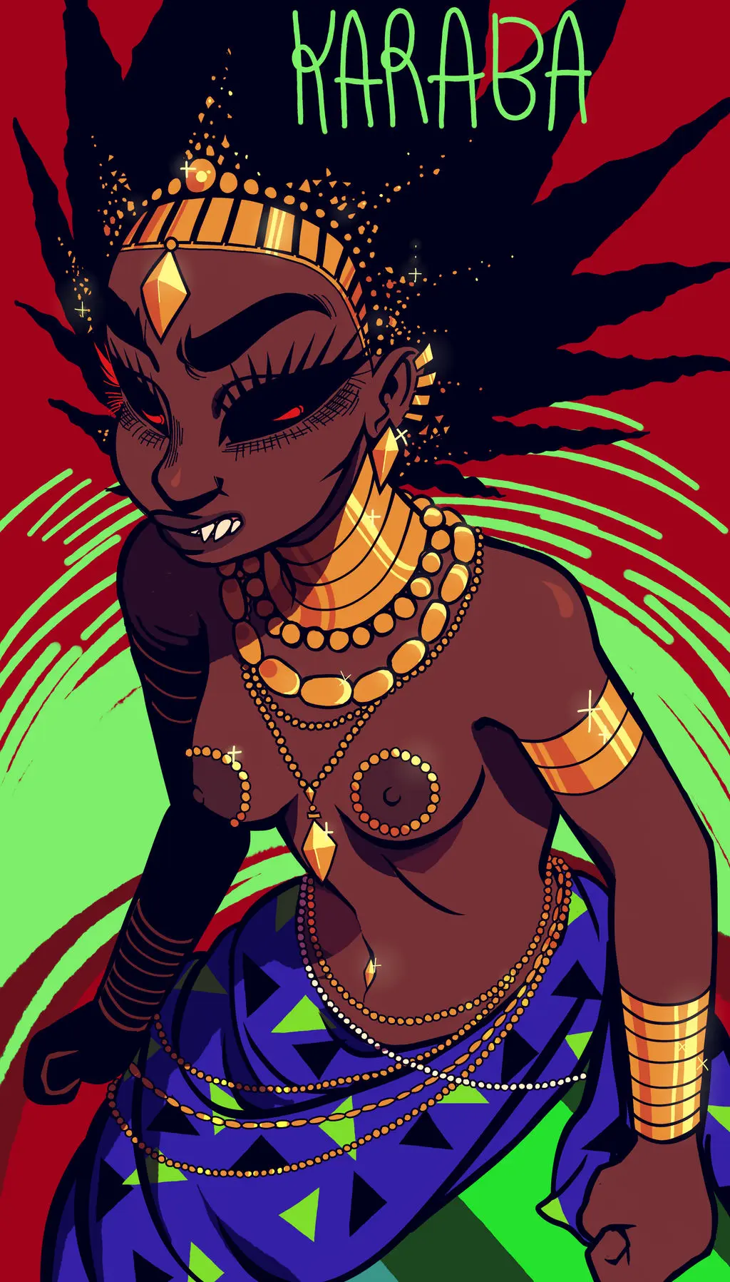 Image 1girls,breasts,female,female_only,long_hair,nipples,female_focus,dark_skin,milf,gold_(metal),mature_female,dark-skinned_female,topless,dark_nipples,topless_female,gold_jewelry,spiky_hair,african_female,african,kirikou_and_the_sorceress,karaba,digitallyimpaired