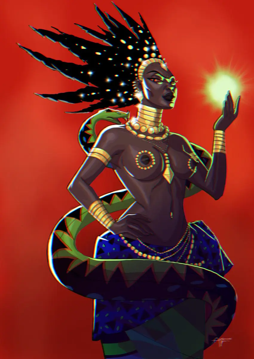 Image 1girls,breasts,female,female_only,long_hair,nipples,female_focus,dark_skin,milf,gold_(metal),mature_female,dark-skinned_female,topless,reptile,scalie,dark_nipples,topless_female,snake,gold_jewelry,spiky_hair,african_female,african,kirikou_and_the_sorceress,karaba,arisall