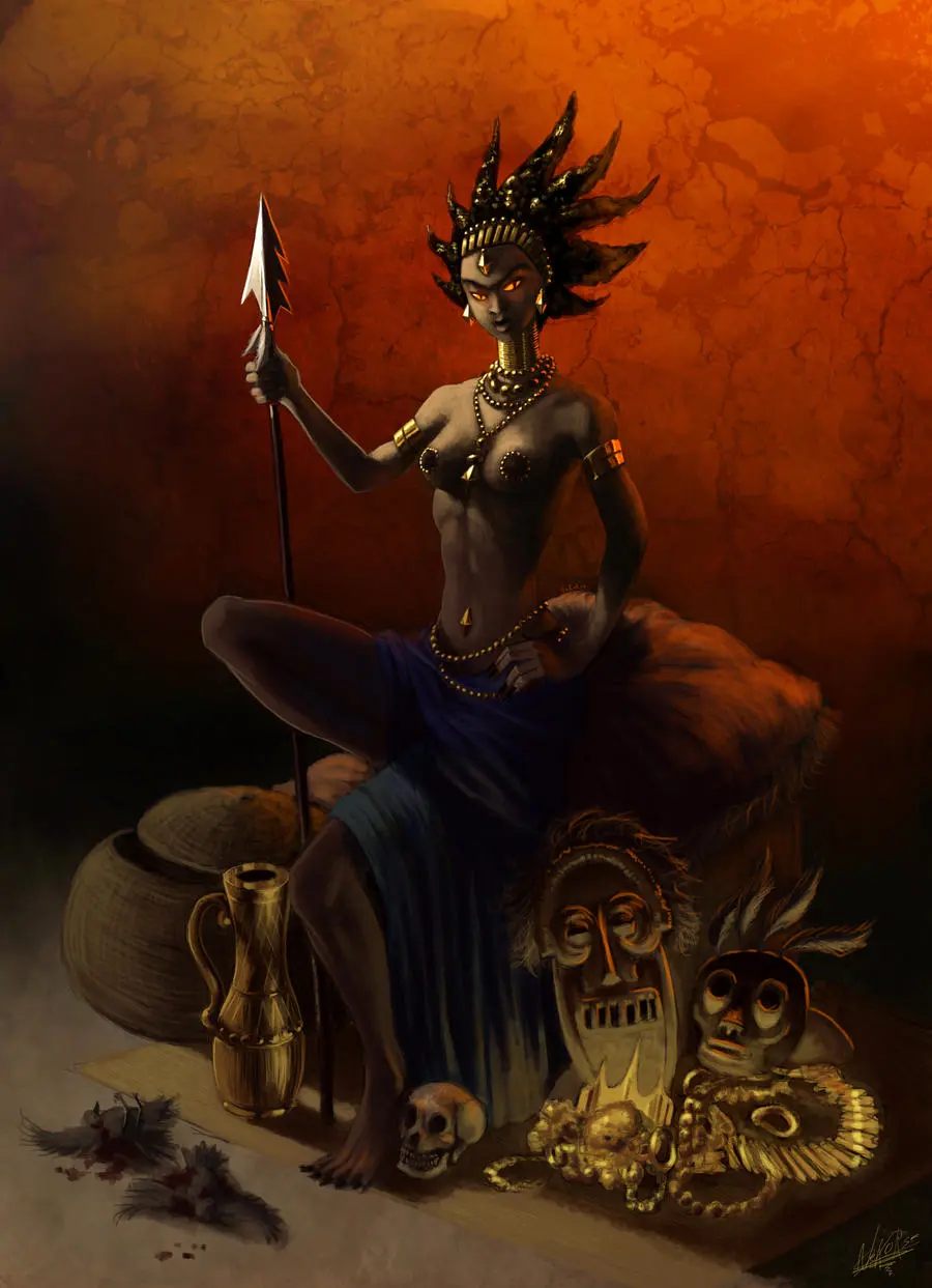 Image 1girls,breasts,female,female_only,long_hair,nipples,female_focus,dark_skin,milf,gold_(metal),mature_female,dark-skinned_female,topless,blood,dark_nipples,topless_female,avian,bird,weapon,skull,melee_weapon,gold_jewelry,spiky_hair,polearm,spear,african_female,artistic_nude,african,kirikou_and_the_sorceress,karaba,dead_animal,nekorse
