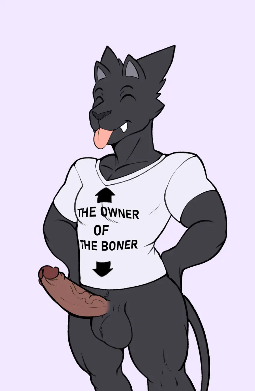 Image clothed,clothing,hi_res,shirt,solo,male,penis,tongue_out,tongue,erection,balls,anthro,original_character,fur,genitals,black_body,bottomless,topwear,meme,meme_clothing,black_fur,flat_colors,shirt_only,topwear_only,fours_(artist),rex_(fours),warg_(fours)