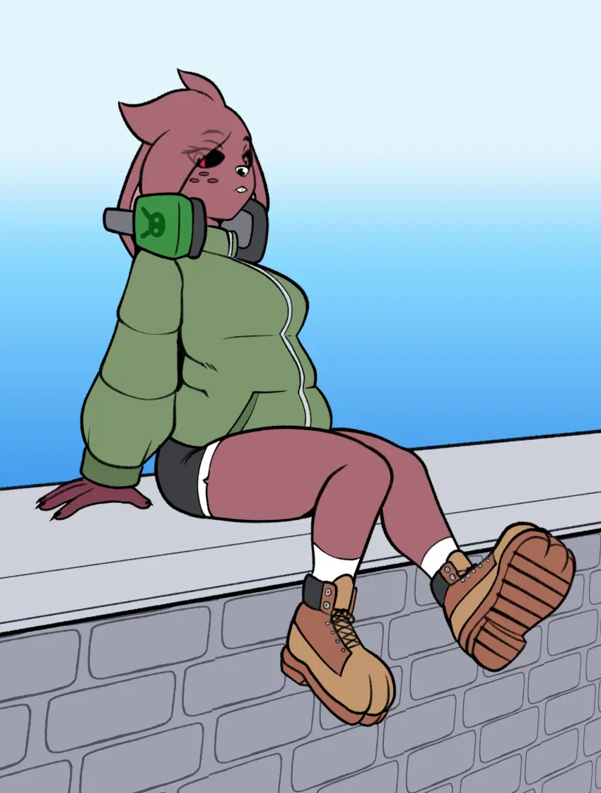Image clothed,clothing,female,hi_res,looking_at_viewer,red_eyes,headphones,freckles,anthro,sitting,original_character,footwear,mammal,shorts,boots,electronics,brown_body,lagomorph,leporid,rabbit,black_sclera,bottomwear,flat_colors,hotpants,fours_(artist),big_sweater,diamond_(fours)