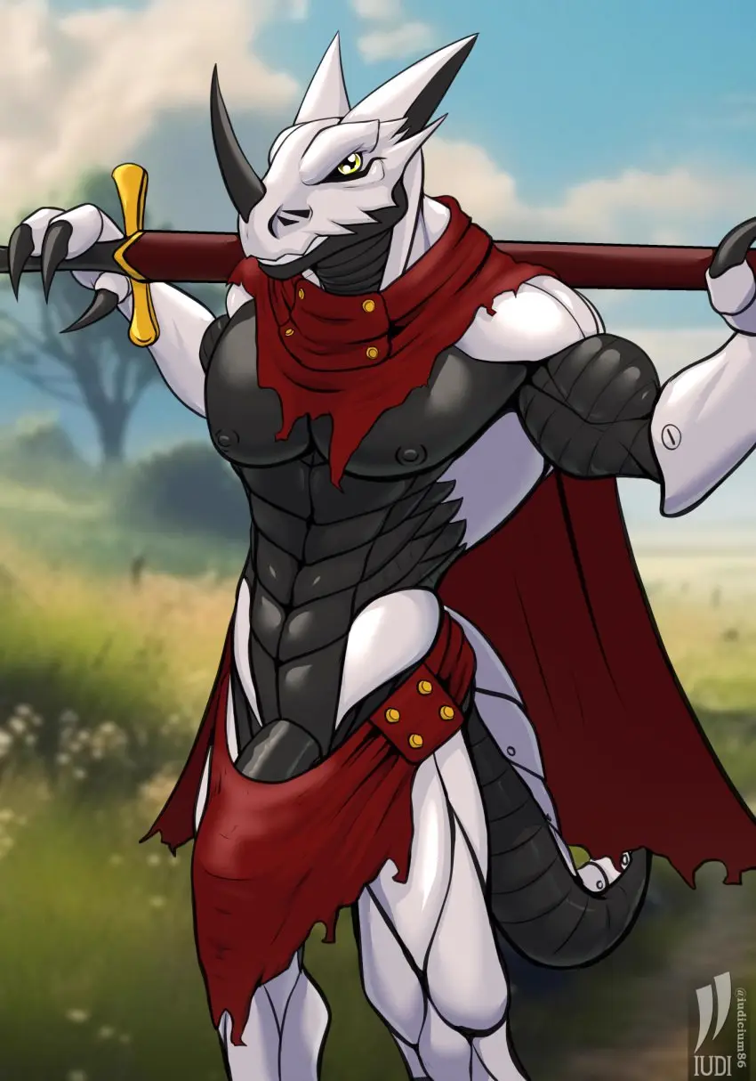 Image clothing,hi_res,nipples,solo,1boy,male,muscular,male_only,anthro,bulge,cape,outside,abs,fingers,weapon,bandai_namco,digimon,digimon_(species),3_fingers,torn_clothing,bottomwear,sword,melee_weapon,warrior,loincloth,knight,hackmon,iudicium86