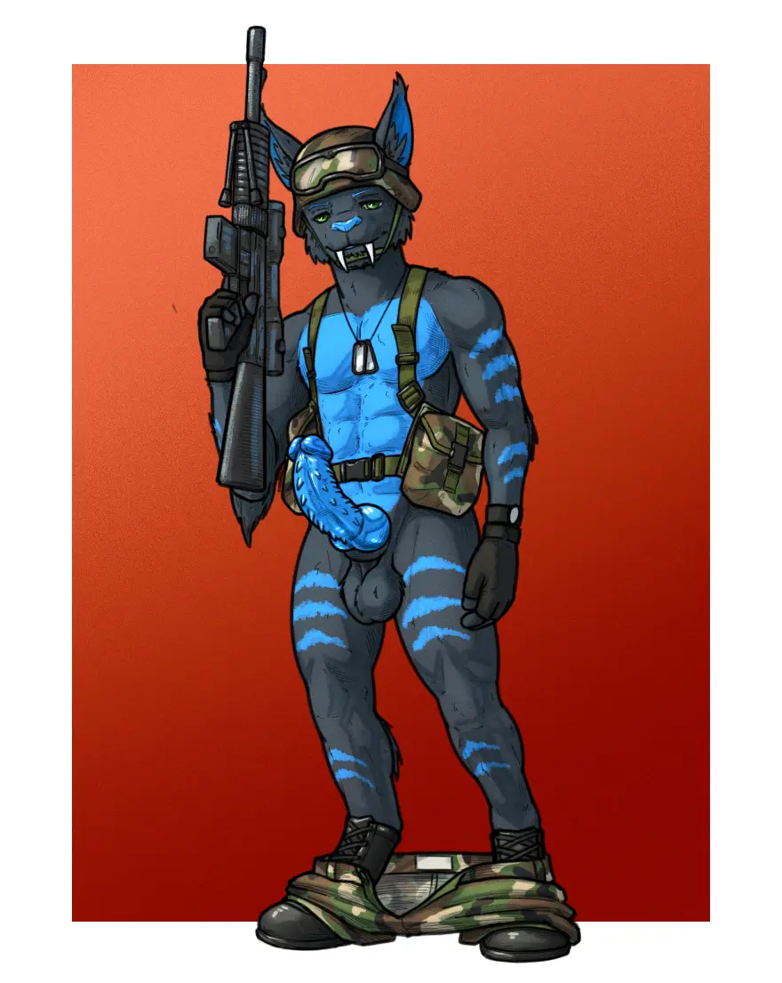 Image clothed,clothing,pants,simple_background,solo,gloves,male,nude,penis,big_penis,erection,muscular,muscular_male,male_only,teeth,balls,anthro,green_eyes,pose,pinup,genitals,holding_object,mammal,muscular_anthro,pecs,fangs,bottomless,feline,legwear,abs,anthro_only,holding_weapon,weapon,animal_genitalia,animal_penis,knot,handwear,felid,hybrid_genitalia,hybrid_penis,ranged_weapon,bottomwear,casual,pattern_clothing,feline_genitalia,feline_penis,military,gun,holding_gun,gear,camo,camo_bottomwear,camo_clothing,camo_pants,camo_print,pattern_bottomwear,pattern_pants,rifle,assault_rifle,firearm,holding_ranged_weapon,knotted_feline_penis,sabertooth,sabertooth_feline,tactical_nudity,tall_lizzard_(artist)