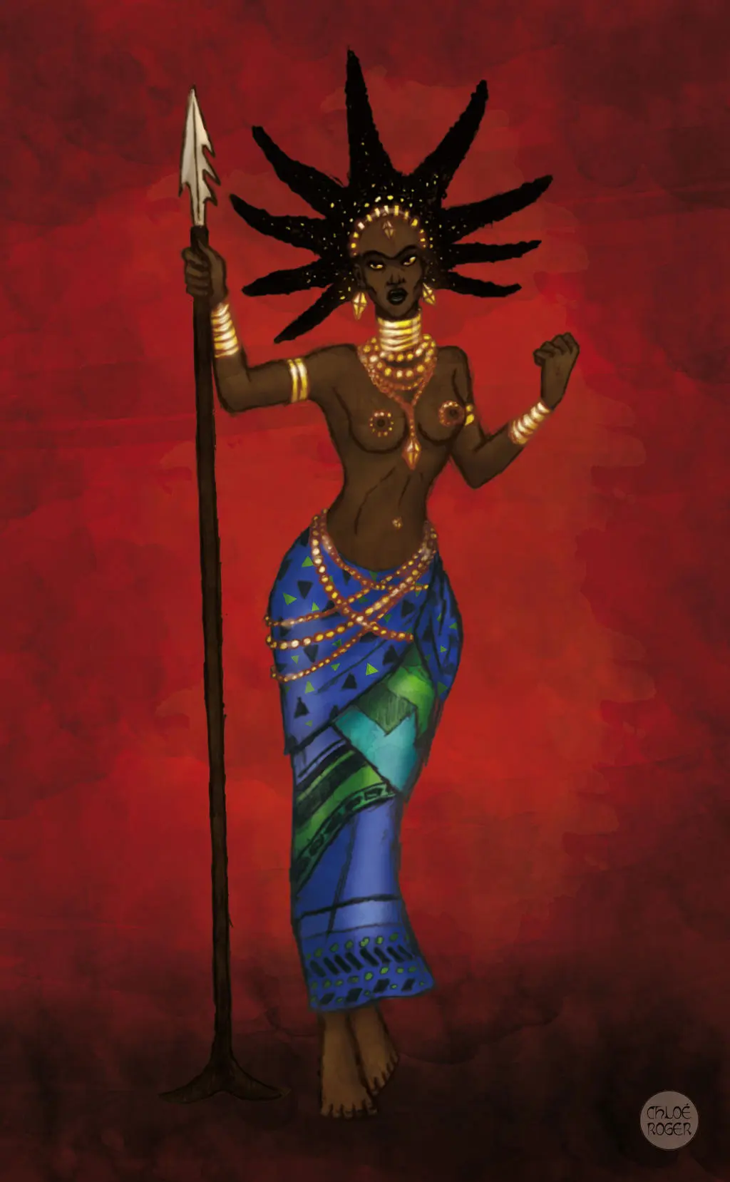 Image 1girls,breasts,female,female_only,long_hair,nipples,female_focus,dark_skin,milf,gold_(metal),mature_female,dark-skinned_female,topless,dark_nipples,topless_female,weapon,melee_weapon,gold_jewelry,spiky_hair,polearm,spear,african_female,african,kirikou_and_the_sorceress,karaba,lataupinette