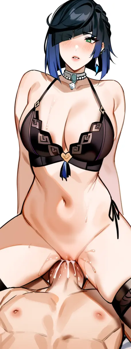 Image 1girls,female,simple_background,white_background,1boy,male,navel,pussy,multicolored_hair,ai_generated,cleavage,stockings,curvy,genshin_impact,cunnilingus,hoyoverse,facesitting,shenhewe,yelan_(genshin_impact)