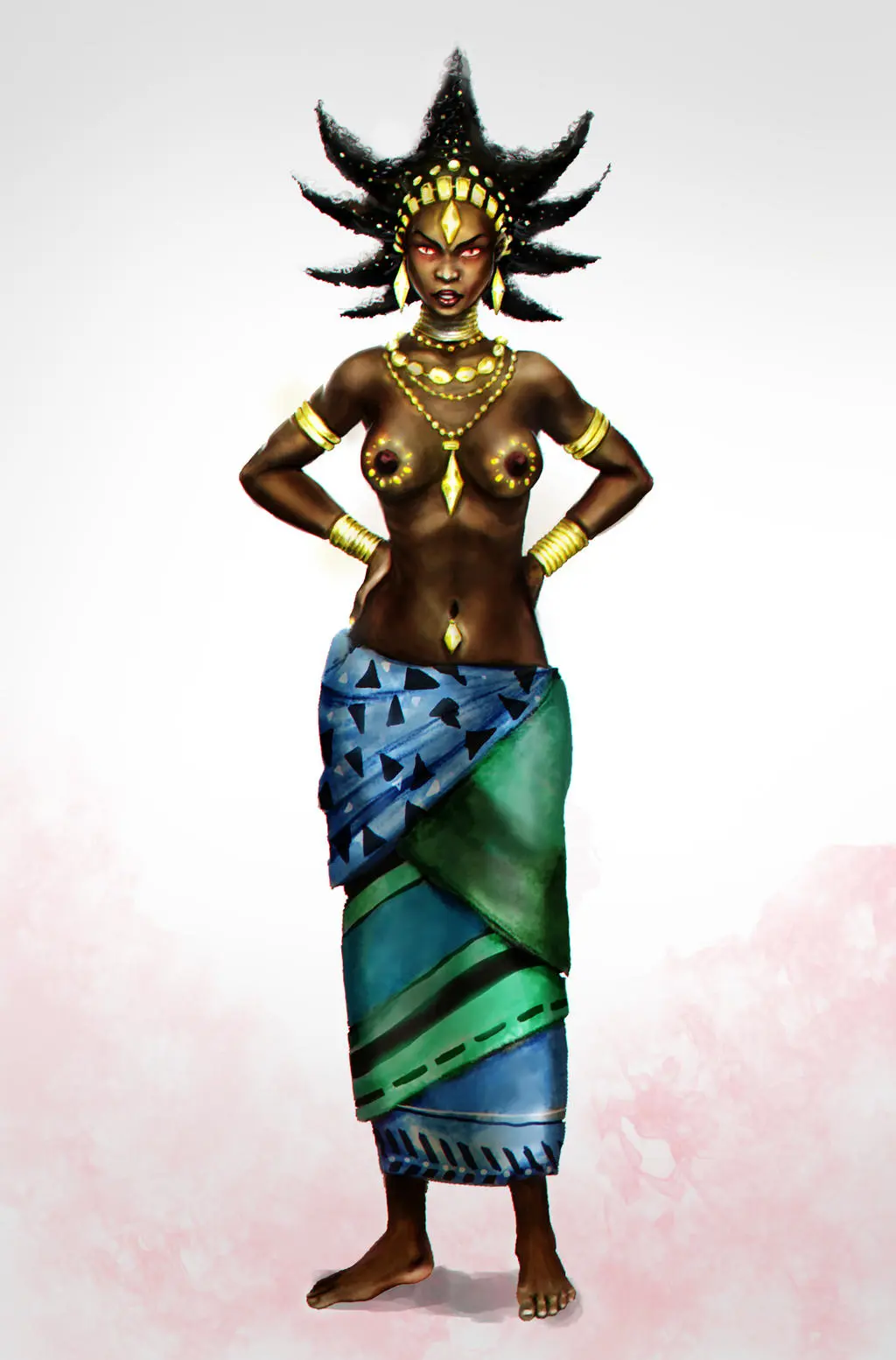 Image 1girls,breasts,female,female_only,long_hair,nipples,female_focus,dark_skin,milf,gold_(metal),mature_female,dark-skinned_female,topless,dark_nipples,topless_female,gold_jewelry,spiky_hair,african_female,african,kirikou_and_the_sorceress,karaba,guxd